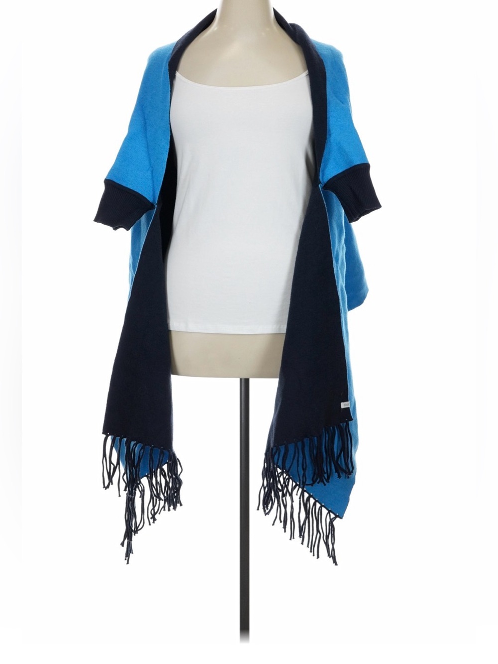 Mer Sea Blue & Navy Fringe Open Front Women's Wrap with Sleeves
